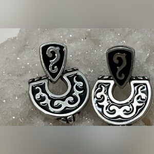 BRIGHTON Silver Tone Black Enamel Drop Dangle Door Knocker 1 1/8" Earrings 1091